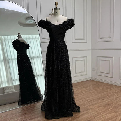 Luxury Black Off Shoulder Sequin Evening Dress with Floral Sleeves LA73096 - SERENE HILL