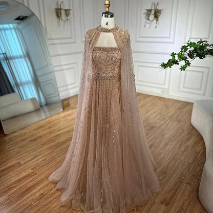 Luxury Arabic Nude Square Neck Beaded A-Line Evening Dress With Cape LA72835 - SERENE HILL
