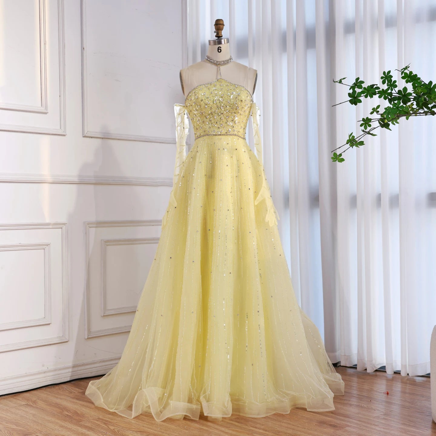 Sparkly Luxury Beaded Yellow Halter Evening Dress Gloves Saudi LA72948 - SERENE HILL