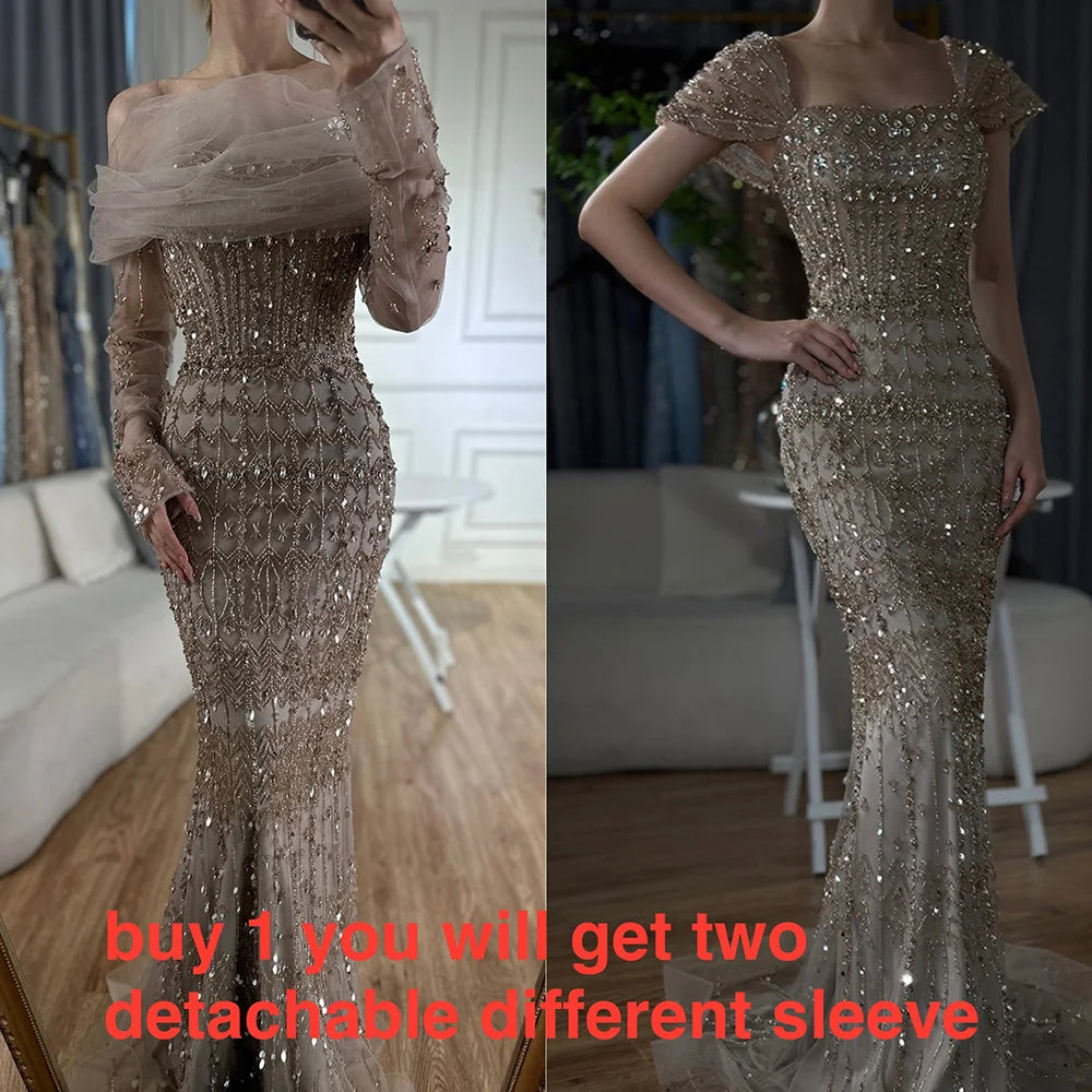 Luxury Dubai White Mermaid Beaded Evening Dress with Cape Sleeves LA72714 - SERENE HILL