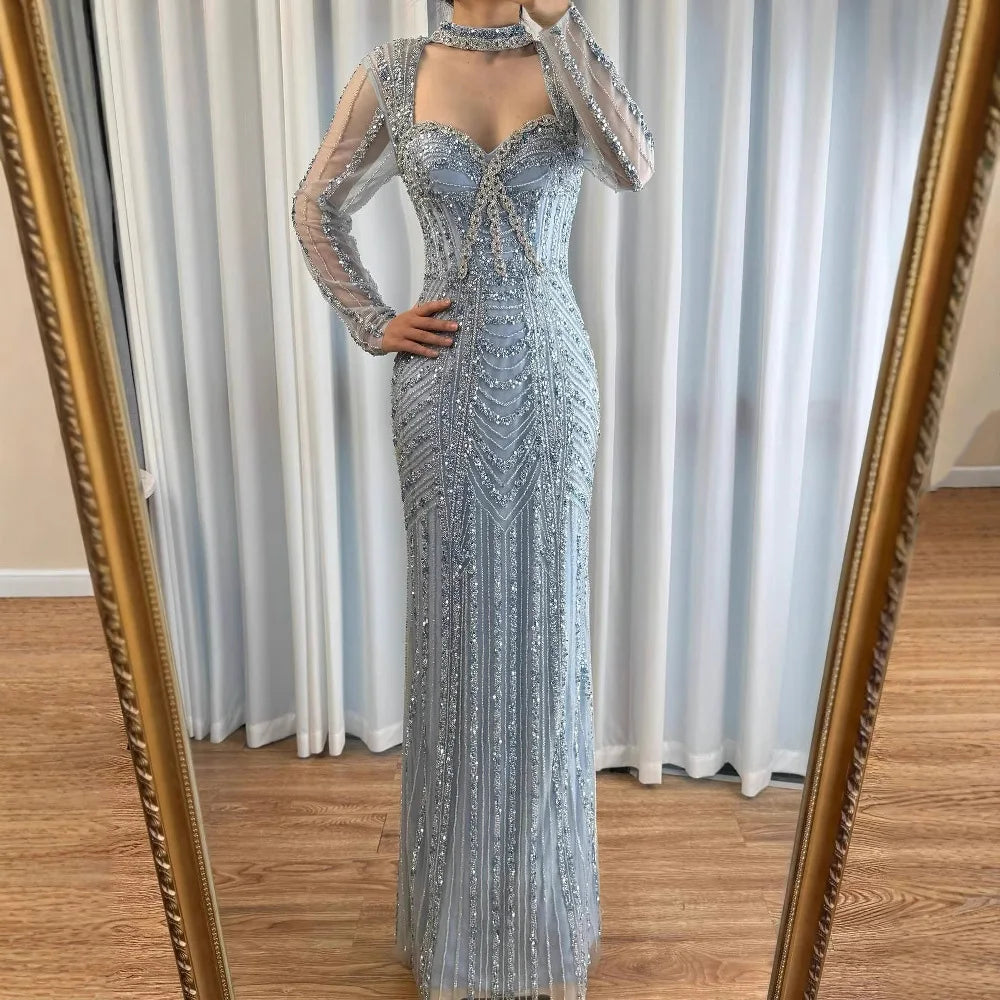 Caramel Beaded Mermaid Evening Dress with Long Sleeves LA72560B - SERENE HILL