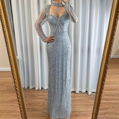 Caramel Beaded Mermaid Evening Dress with Long Sleeves LA72560B - SERENE HILL