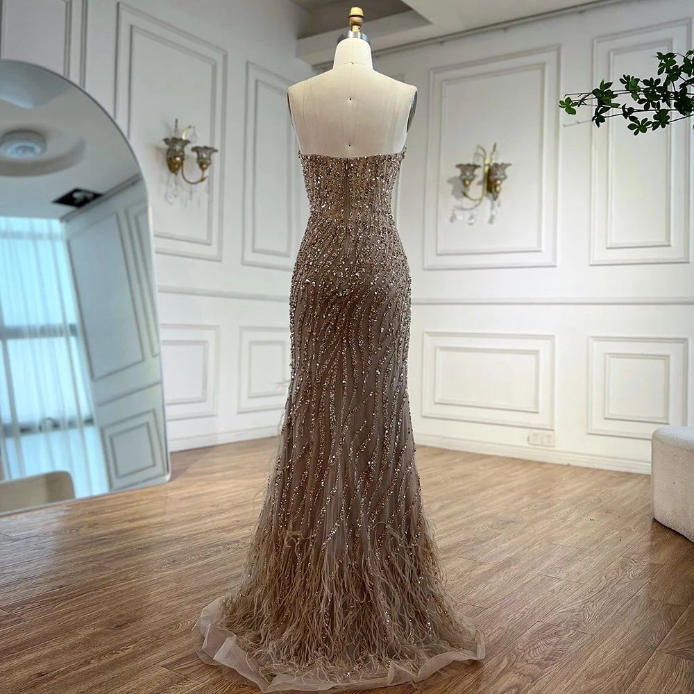 Luxury Blue Feather Beaded Evening Dress with Side Skirt LA72695 - SERENE HILL