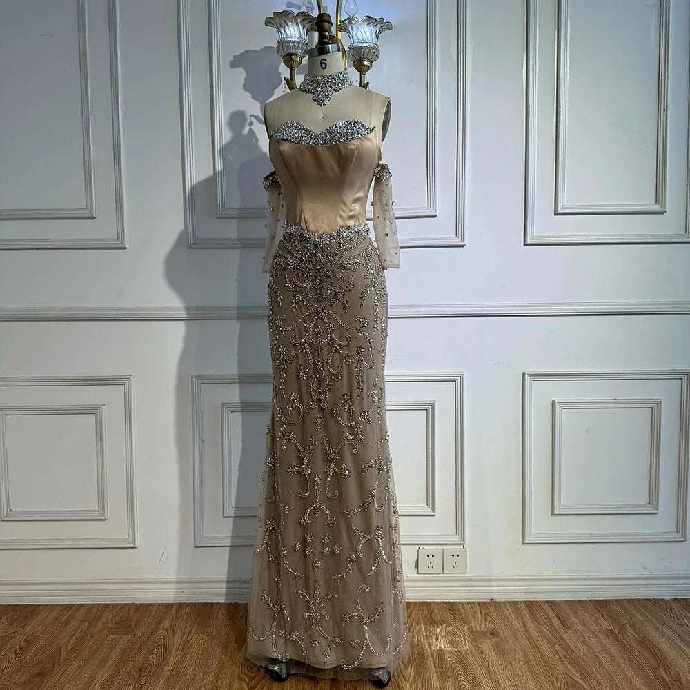 Luxury Deigner Caramel Beaded Evening Dress with Gloves Serene Hill LA72929A - SERENE HILL
