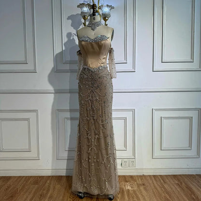Luxury Deigner Caramel Beaded Evening Dress with Gloves Serene Hill LA72929A - SERENE HILL