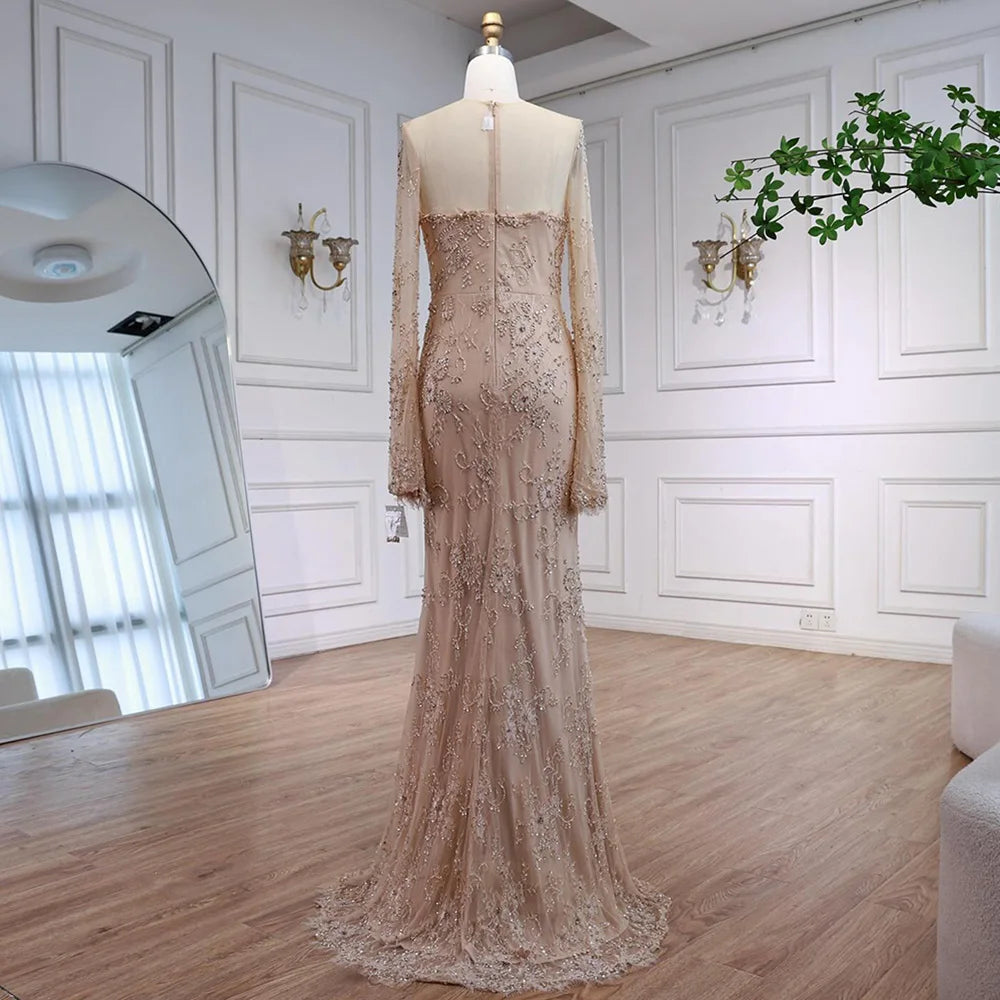 Luxury Arabic Lace Beaded Mermaid Evening Dress with Sleeves LA72545 - SERENE HILL