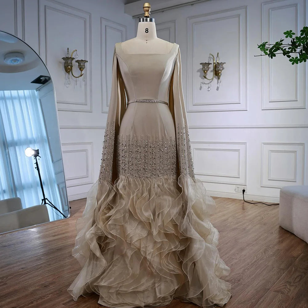 Elegant Nude Beaded Evening Dress with Cape Sleeves LA72317C - SERENE HILL