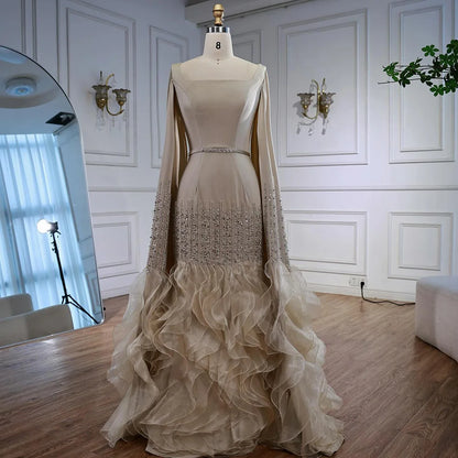 Elegant Nude Beaded Evening Dress with Cape Sleeves LA72317C - SERENE HILL