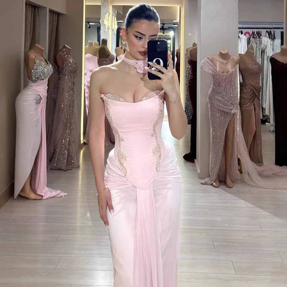 Pink Draped Satin Evening Dress with Rose Neck LA72946 - SERENE HILL