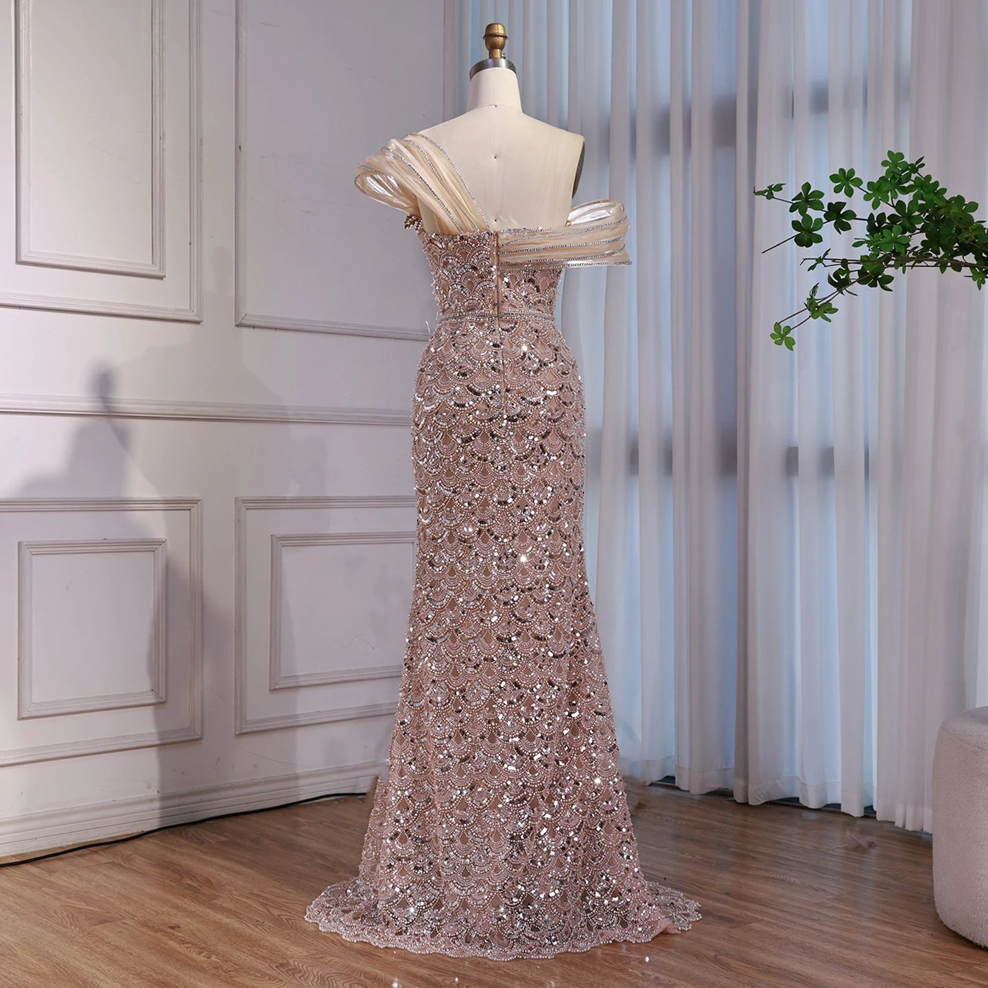Luxury Nude Beaded Off Shoulder Mermaid Evening Dress LA73365A - SERENE HILL