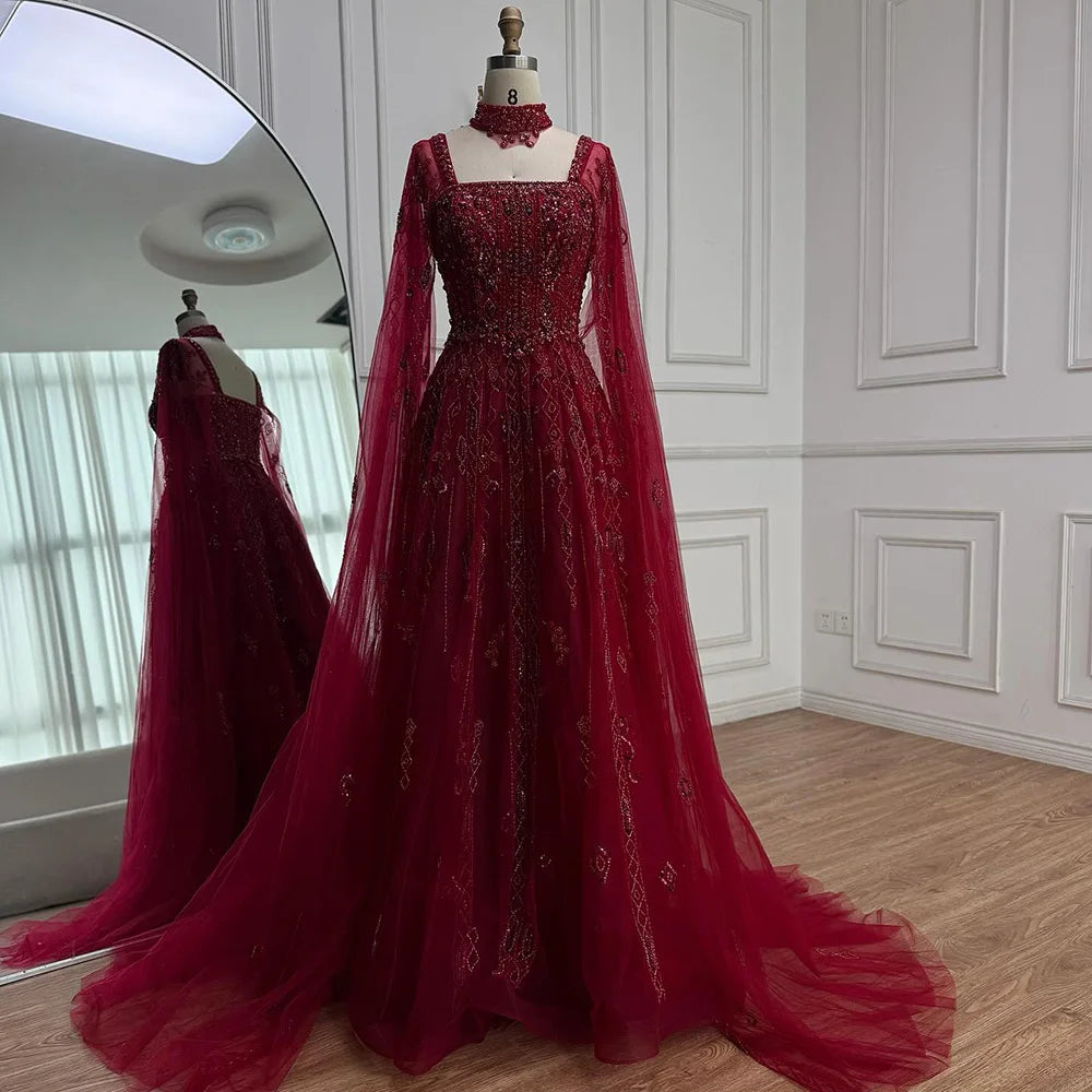 Luxury Designer red A-Line Crystal Beaded Arabic Evening Dress LA72764