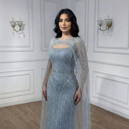 Luxury Blue Diamond Evening Dress With Cape LA73426 - SERENE HILL