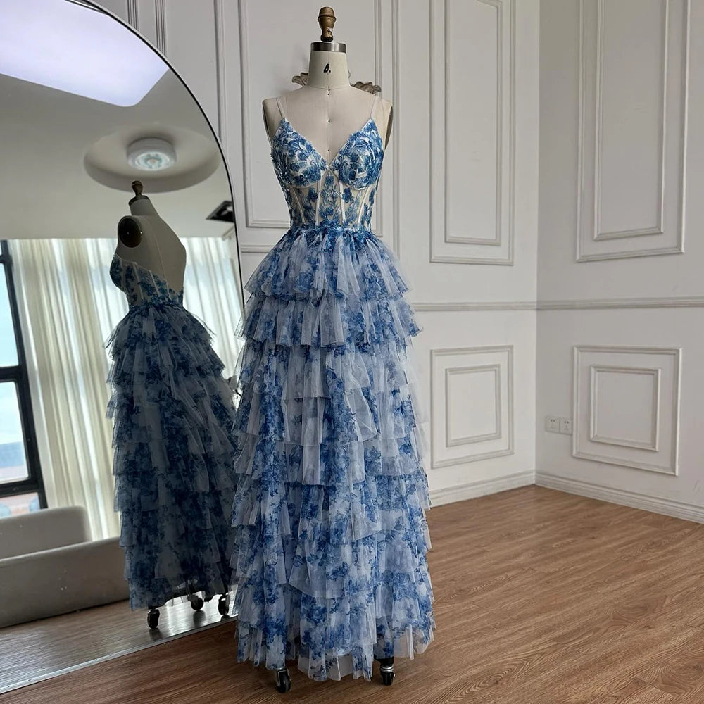 Serene Hill Spaghetti straps blue print floral Ruffle prom dress - SERENE HILL