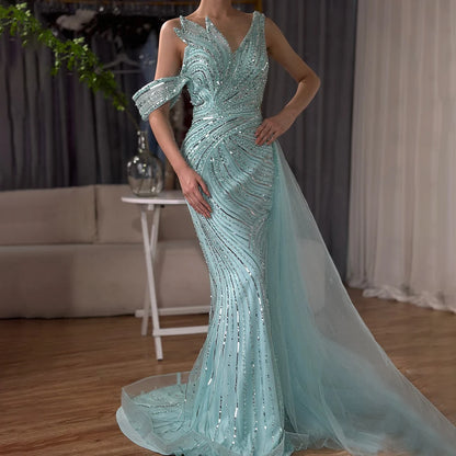 Luxury Dubai Arabic Pink Mermaid Elegant One Shoulder Beaded Long Evening Dresses Gowns for Formal Occasion LA72662A - SERENE HILL