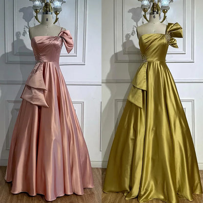 Luxury Yellow Satin One Shoulder A Line Evening Dress LA72794 - SERENE HILL