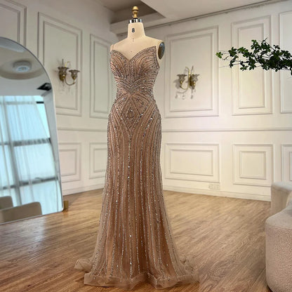 Luxury Nude V Neck Beaded Mermaid Evening Dress Sleeveless LA72981 - SERENE HILL