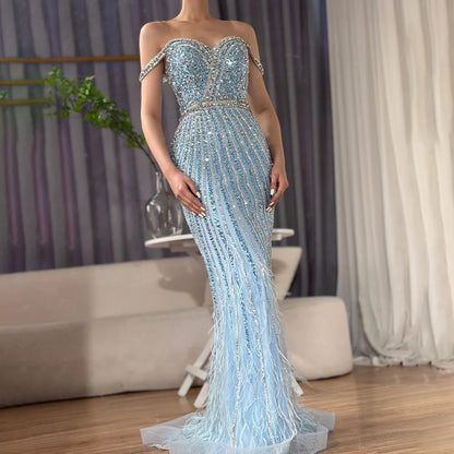 Luxury Dubai Caramel Spaghetti Strap Mermaid Gown Feathers Beaded Luxury Saudi Evening Dress for Formal Occasion LA72715 - SERENE HILL