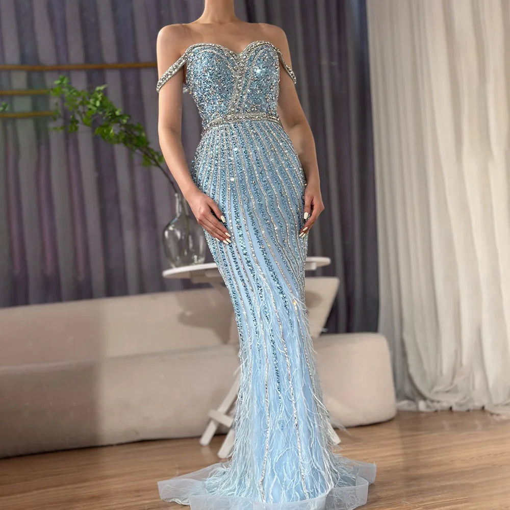 Luxury Dubai Caramel Spaghetti Strap Mermaid Gown Feathers Beaded Luxury Saudi Evening Dress for Formal Occasion LA72715 - SERENE HILL