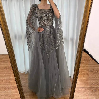 Luxury Gray A Line Beaded Evening Dress for Women LA73088 - SERENE HILL