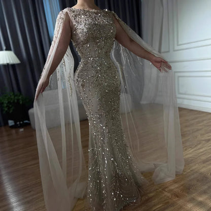 Luxury Caramel Beaded Evening Dress with Cape Sleeves LA73078 - SERENE HILL