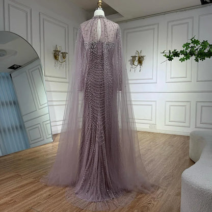 Luxury Pink Beaded Cape Sleeve Arabic Evening Dress LA73134 - SERENE HILL