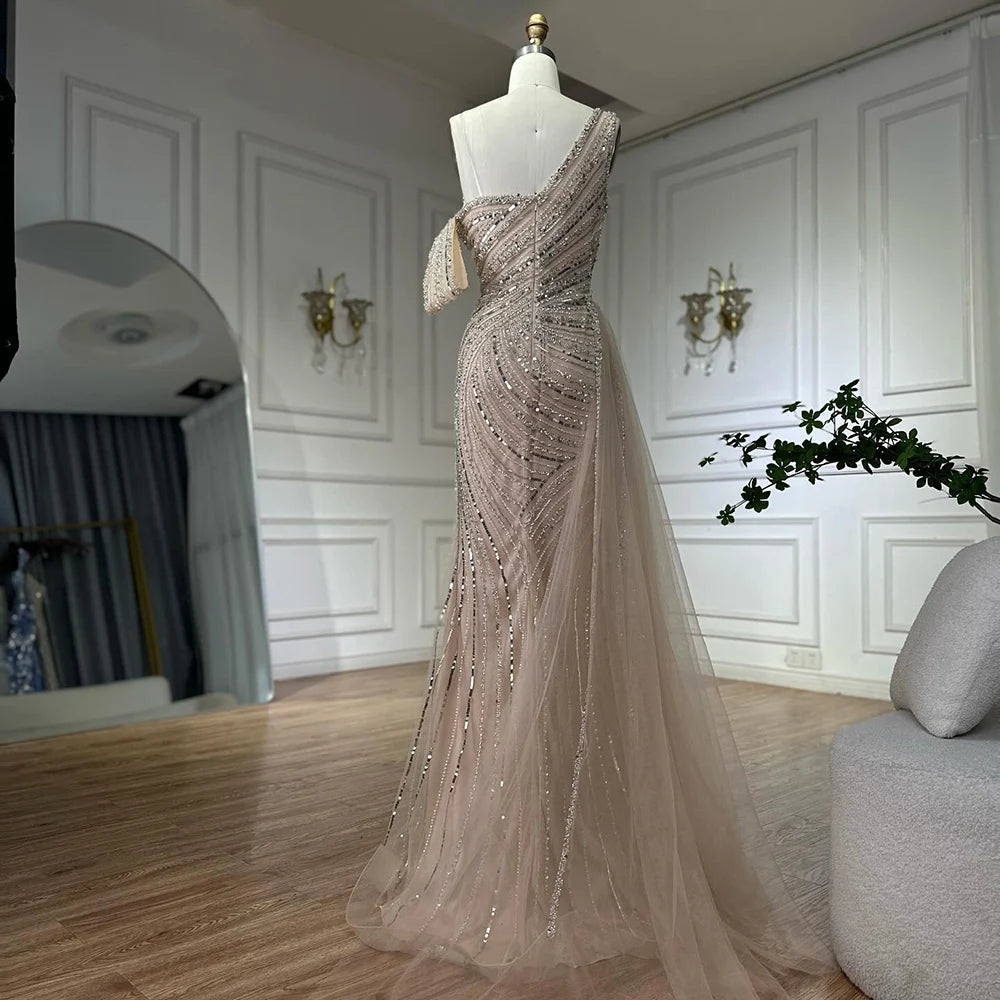 Luxury Dubai Arabic Pink Mermaid Elegant One Shoulder Beaded Long Evening Dresses Gowns for Formal Occasion LA72662A - SERENE HILL