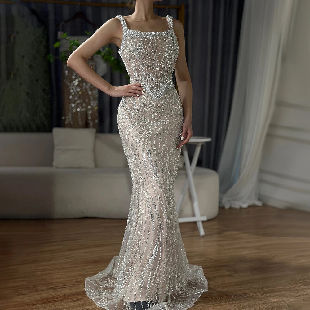 Luxury White Nude Pearl Beaded Mermaid Evening Dress LA72266 - SERENE HILL