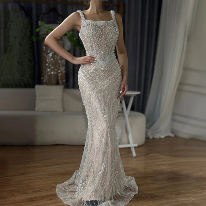 Luxury White Nude Pearl Beaded Mermaid Evening Dress LA72266 - SERENE HILL