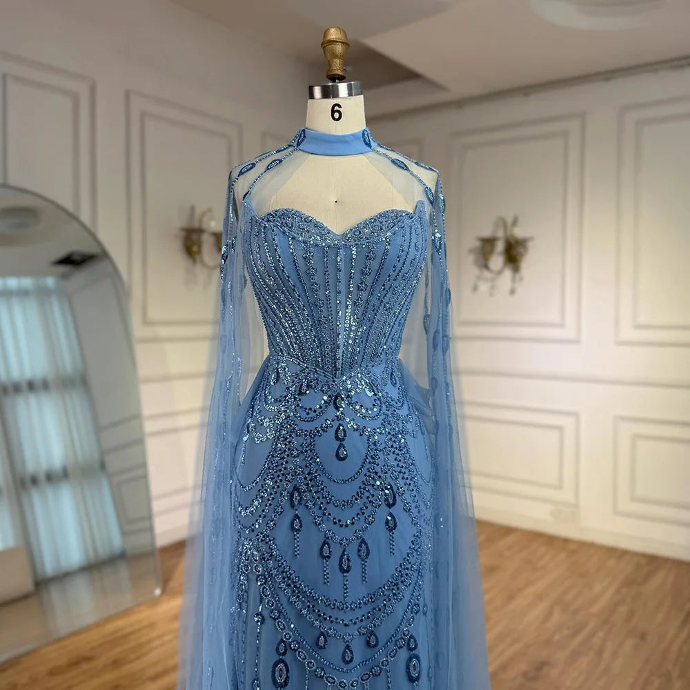 Luxury Blue Sequin Beaded Evening Dress with Cape Sleeves LA73108 - SERENE HILL