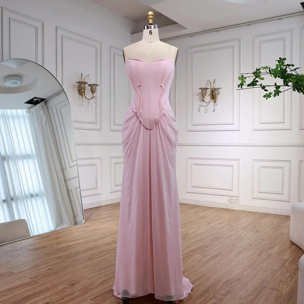 Pink Draped Satin Evening Dress with Rose Neck LA72946 - SERENE HILL