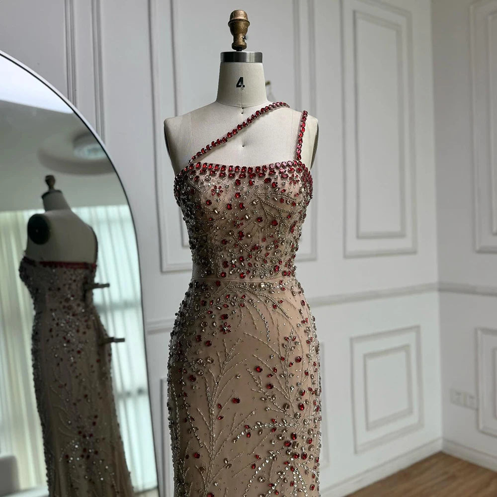 Luxury Red Saudi Arabic Crystal Beaded One Shoulder Evening Dress LA73135 - SERENE HILL