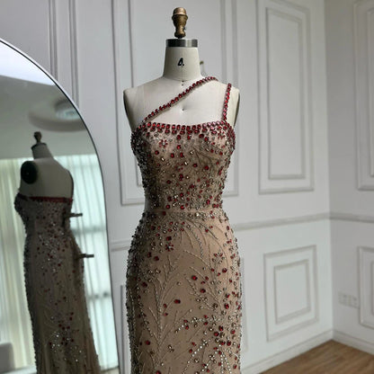 Luxury Red Saudi Arabic Crystal Beaded One Shoulder Evening Dress LA73135 - SERENE HILL
