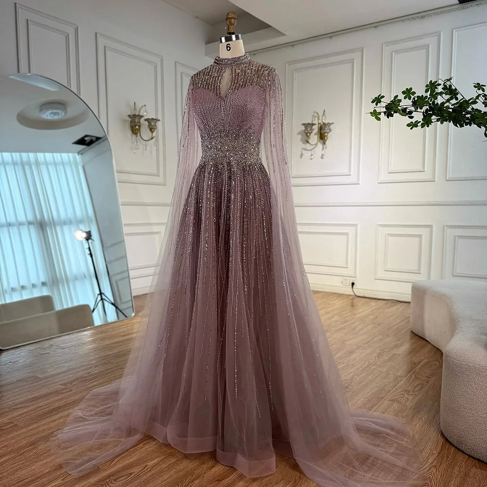Luxury Modest Blue Beaded Evening Dress with Cape LA73059 - SERENE HILL