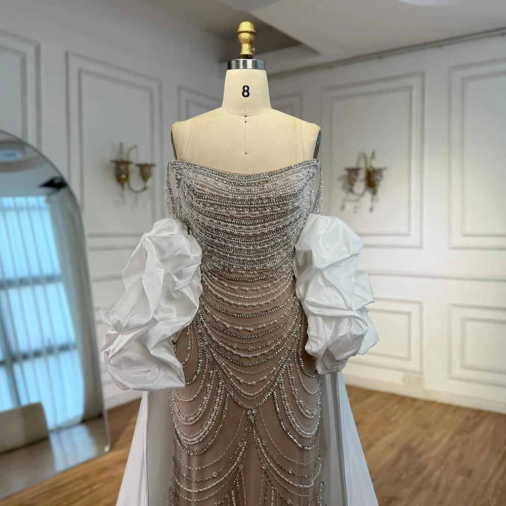 White Nude Beaded Mermaid Evening Dress with Satin Cape LA72253B - SERENE HILL