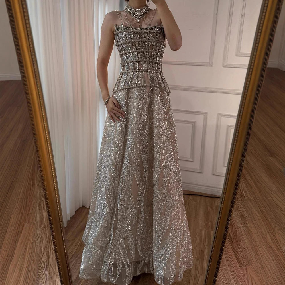 Luxury Nude Beaded A-Line Evening Dress for Women Formal Occasion LA73163 - SERENE HILL