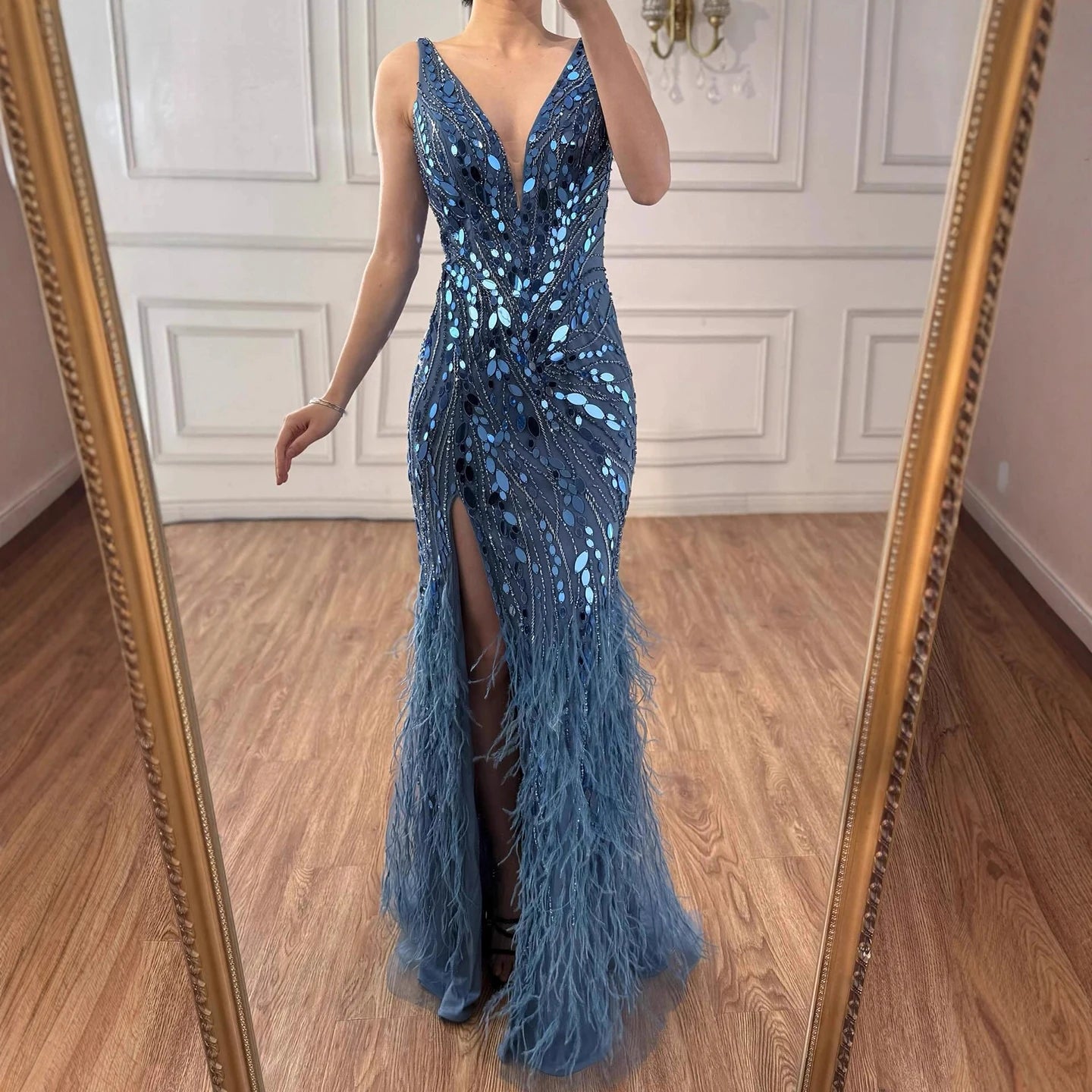 Luxury Blue Beaded Feather Mermaid Evening Dress LA73369 - SERENE HILL
