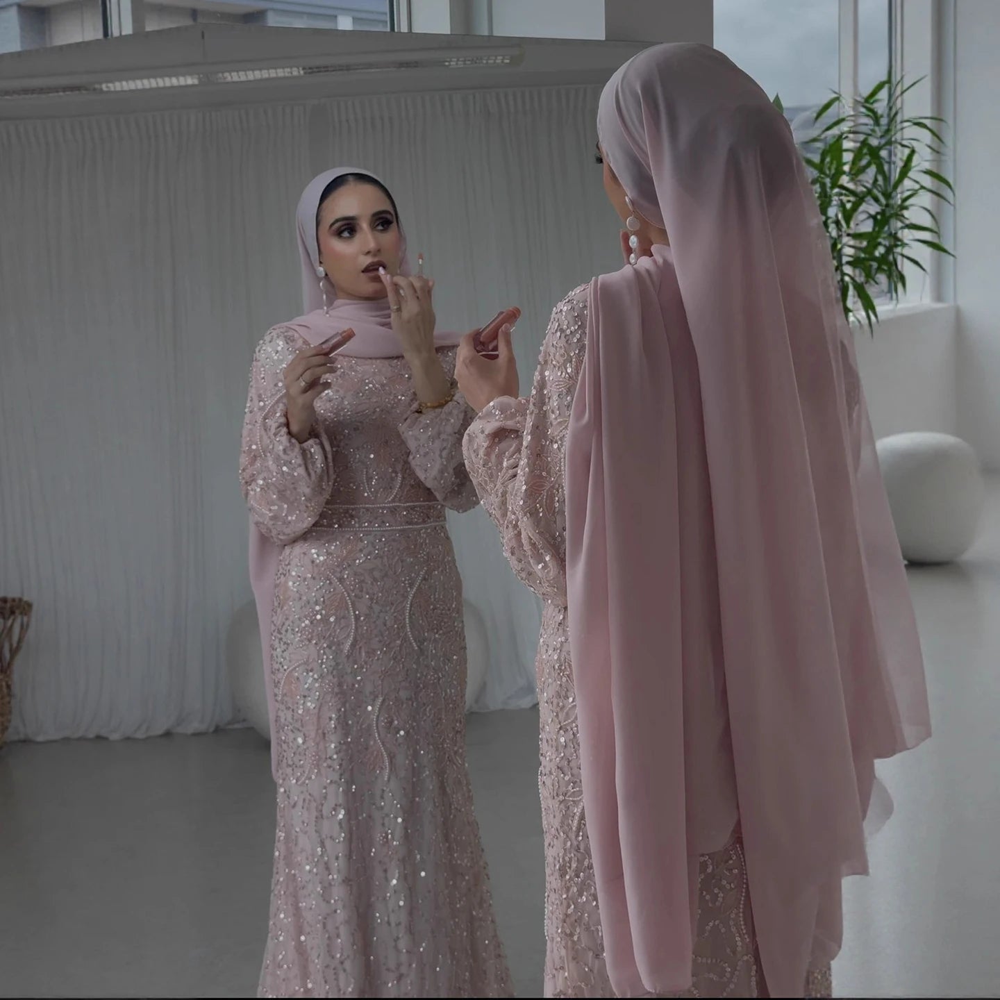 Luxury Pink Pearls Beaded Muslim Mermaid Evening Dress LA73417 - SERENE HILL