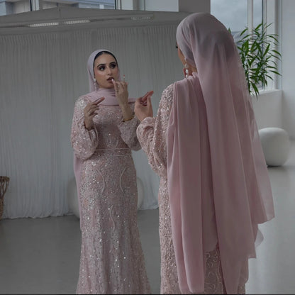 Luxury Pink Pearls Beaded Muslim Mermaid Evening Dress LA73417 - SERENE HILL