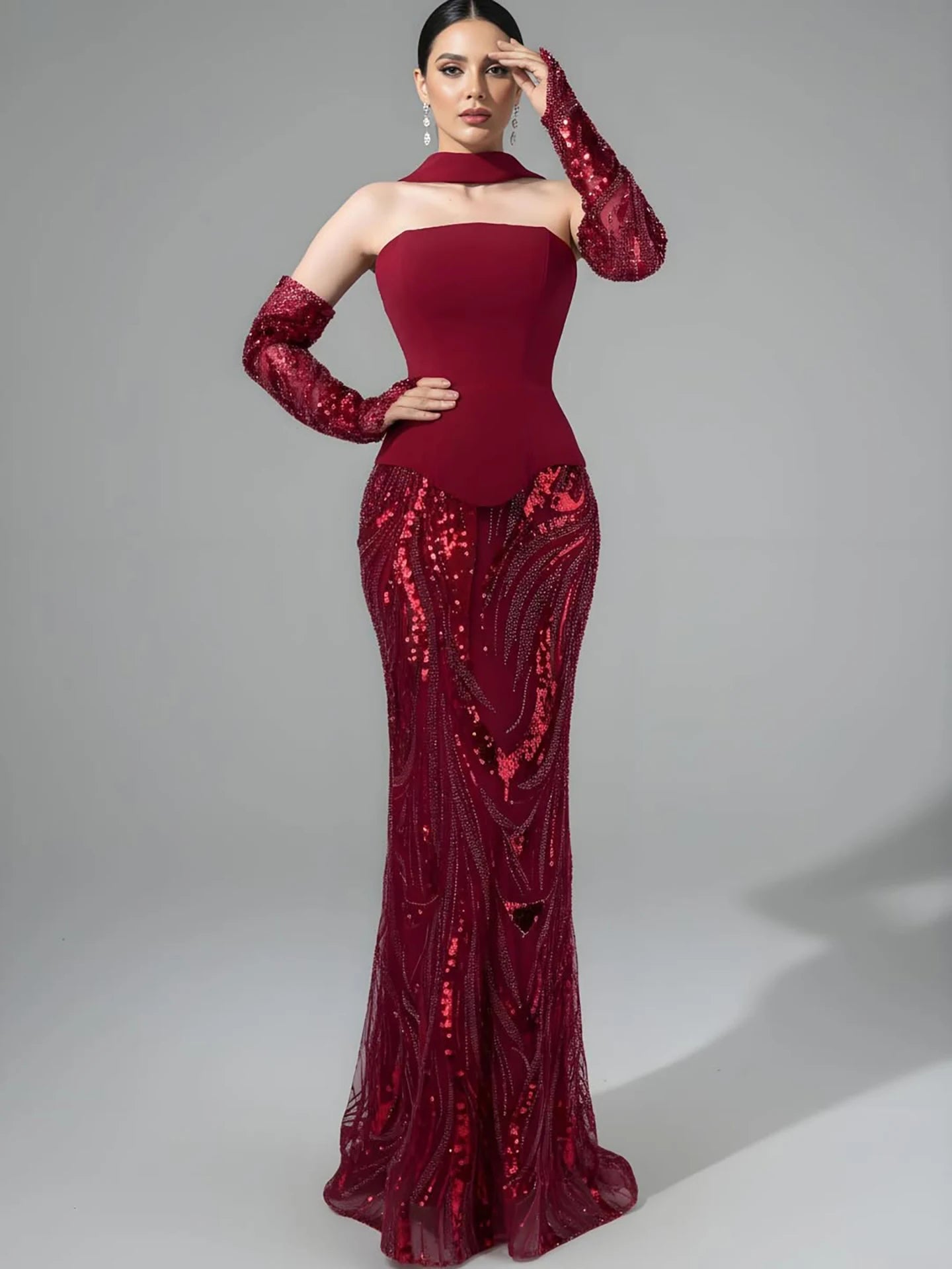 Luxury Wine Red Mermaid Evening Dress With Gloves LA73050E - SERENE HILL