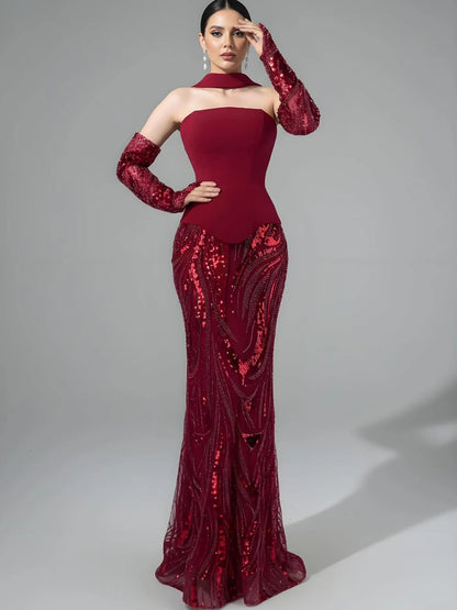 Luxury Wine Red Mermaid Evening Dress With Gloves LA73050E - SERENE HILL