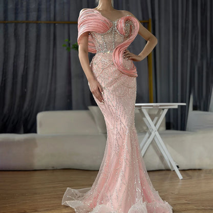 Pink One-Shoulder Luxury Beaded Cut Out Mermaid Evening Dress LA72455 - SERENE HILL