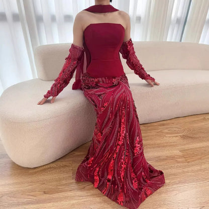Luxury Wine Red Mermaid Evening Dress With Gloves LA73050E - SERENE HILL