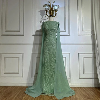 Luxury Dubai Blue Mermaid Cape Sleeve Beaded Evening Gown LA72160A - SERENE HILL