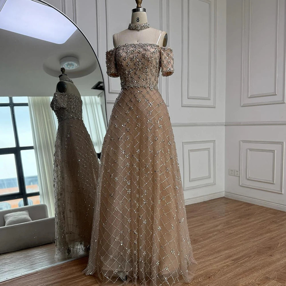 Luxury Nude Sliver Off Shoulder Beaded Crystal A-Line Evening Dress LA73122 - SERENE HILL