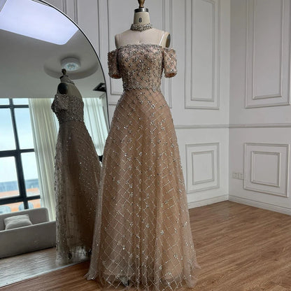 Luxury Nude Sliver Off Shoulder Beaded Crystal A-Line Evening Dress LA73122 - SERENE HILL