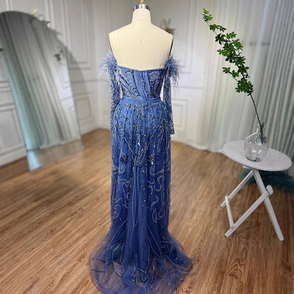 Luxury Arabic Nude Mermaid High Split Feather Beaded Evening Dress LA71910 - SERENE HILL