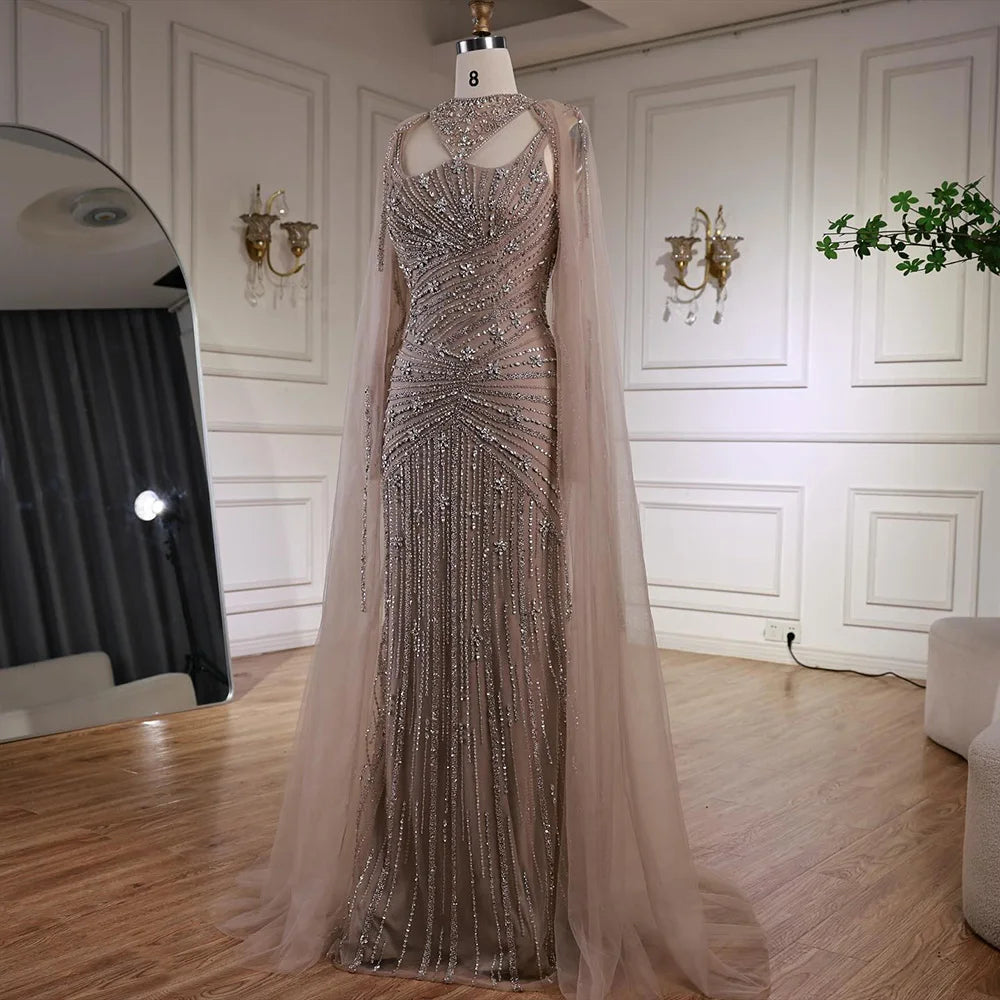 Luxury Caramel Mermaid Evening Dress with Cape Sleeves LA73052 - SERENE HILL