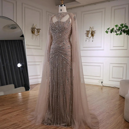 Luxury Caramel Mermaid Evening Dress with Cape Sleeves LA73052 - SERENE HILL