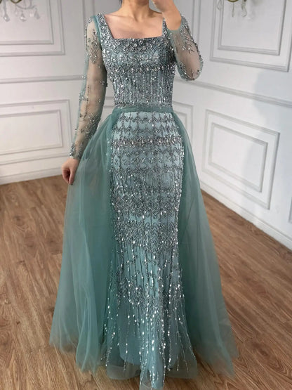 Luxury Arabic Square Neck Beaded Mermaid Evening Dress LA72714D - SERENE HILL