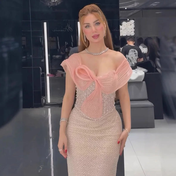 Luxury Pink Off Shoulder Mermaid Evening Dress with Bow LA73058